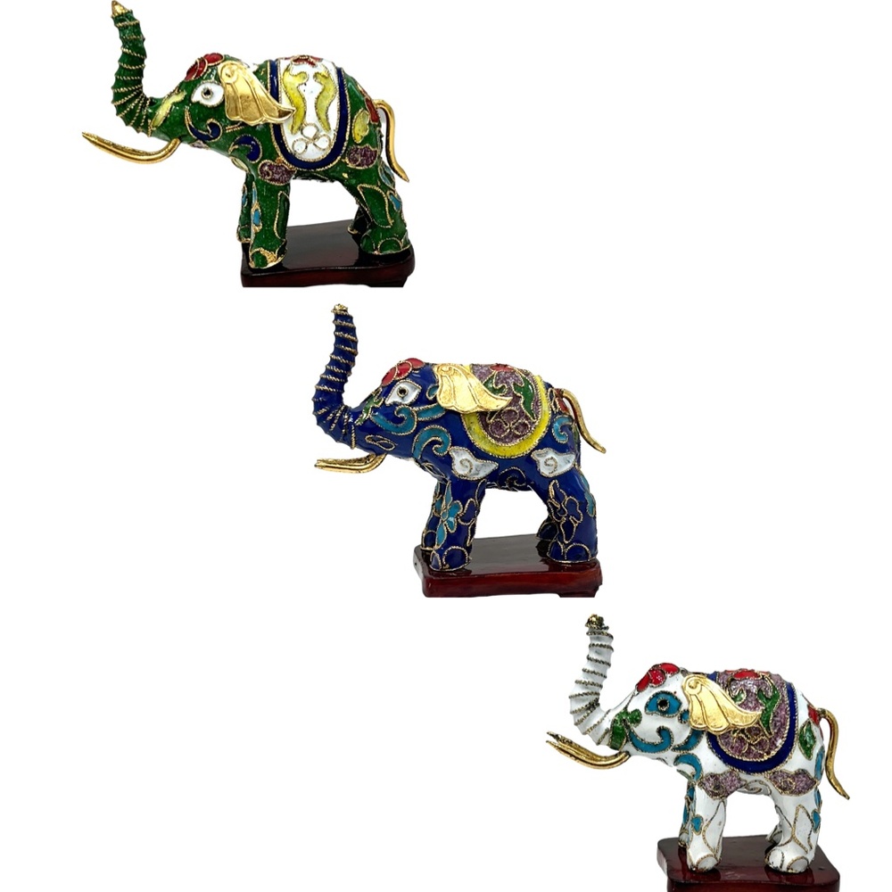 SET OF 3 MULTICOLOR & GOLD CLOISONNÉ ELEPHANTS & WOOD STANDS